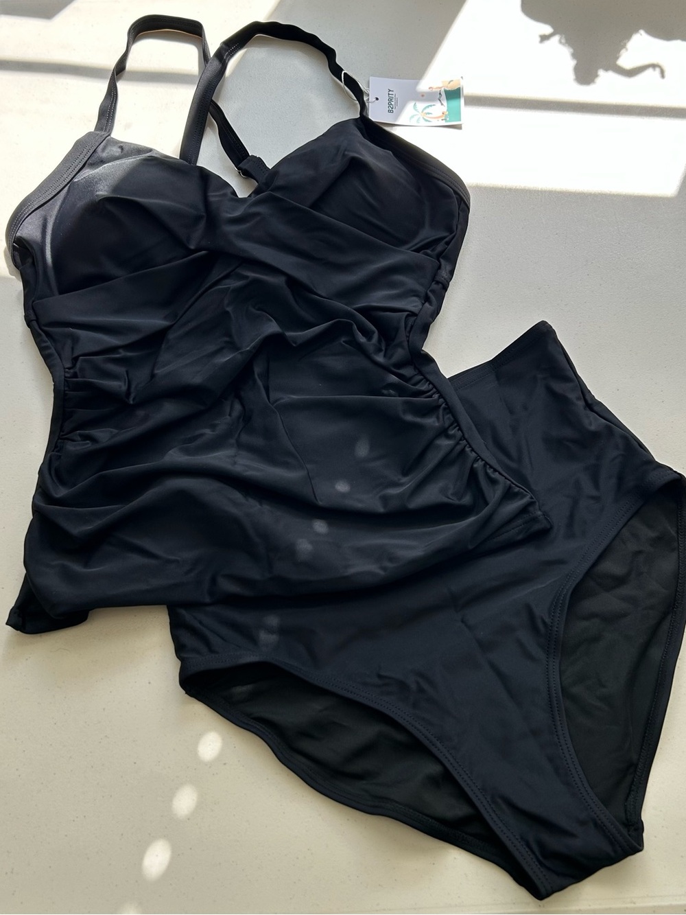 B2PRITY Tankini Bikini Set Black Small Tummy Control Top High Waisted Bottom